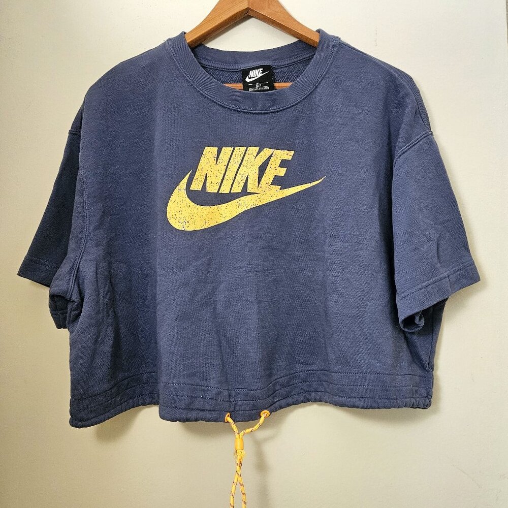 Nike Women Crop Oversized Sweatshirt Gray Yellow Speckled Swoosh Short Sleeve 2X